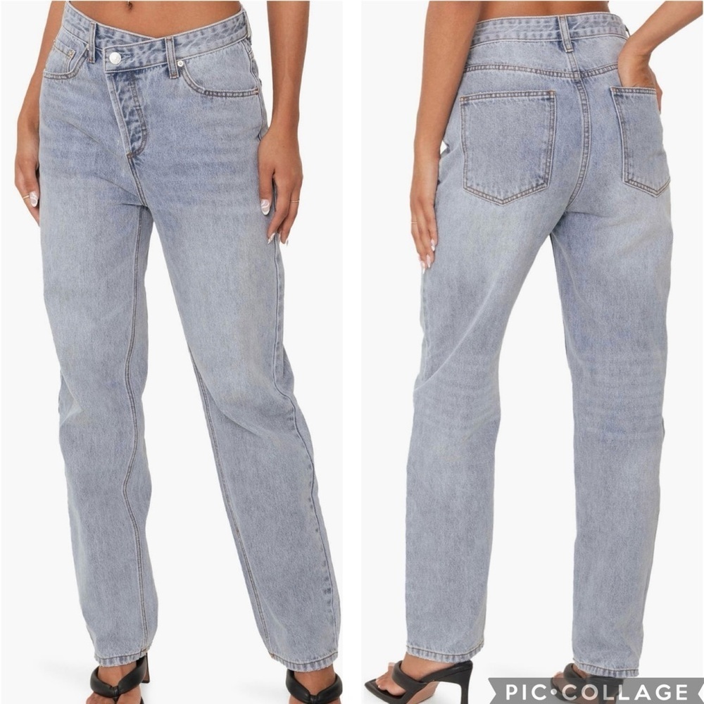 Edikted Boyfriend Jeans Women’s Medium Crossover Button Light Wash